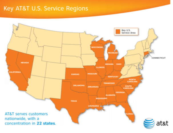 Map showing the states in which AT&T has wireline service