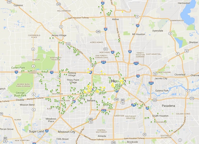 Map showing the proposed and deployed small cells for Crown Castle and Zayo in Houston