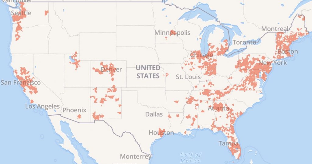 Map showing the areas of the US where Comcast provides Cable and Broadband Services