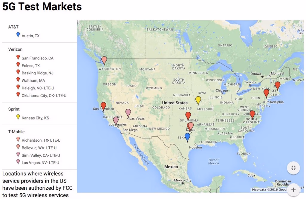 US 5G and LTE-U Test Markets by Wireless Carrier- 2016