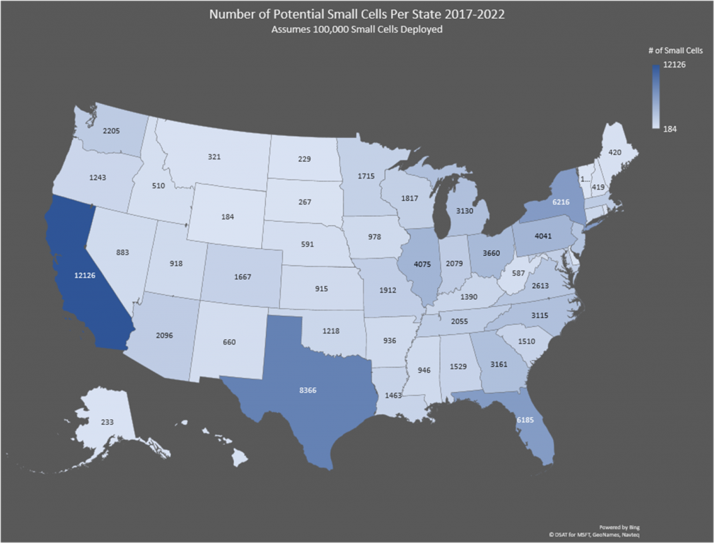 Map showing small cells per state across US