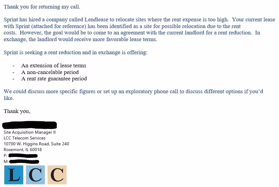 Screen shot of email from Sprint