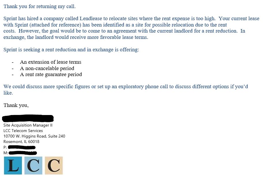Screen shot of email from Sprint