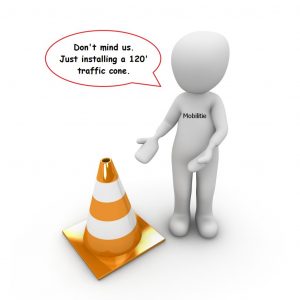 Cartoon image of individual with traffic cone.