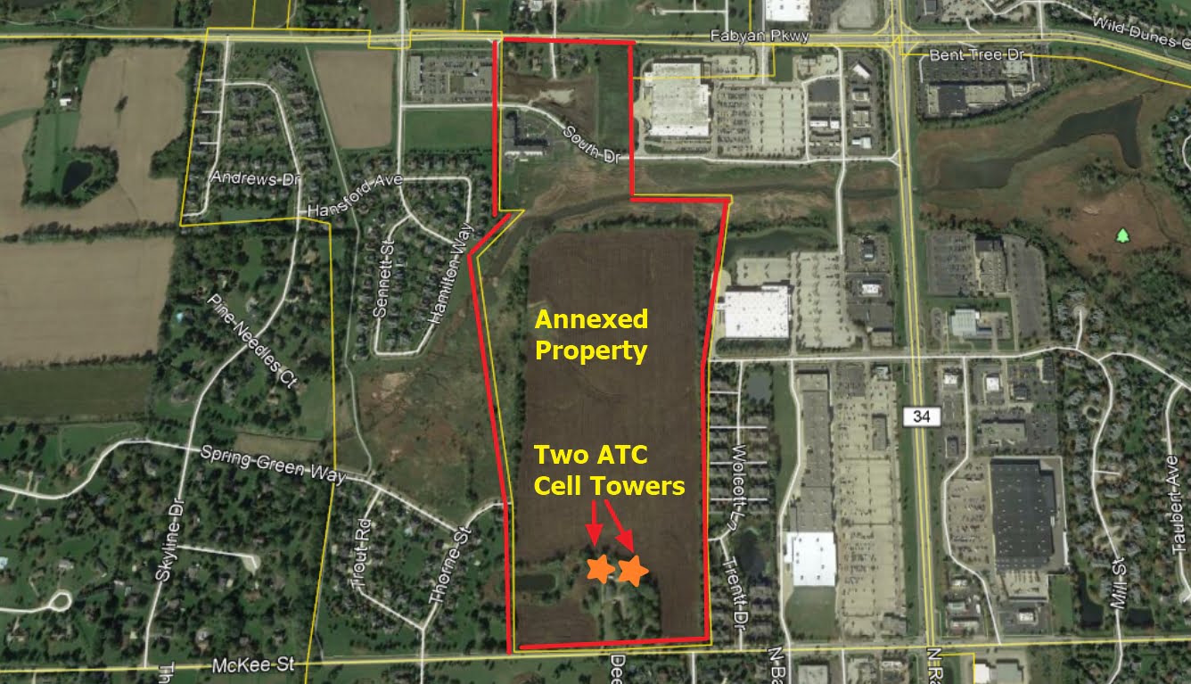 Map of cell tower and parcel annexation