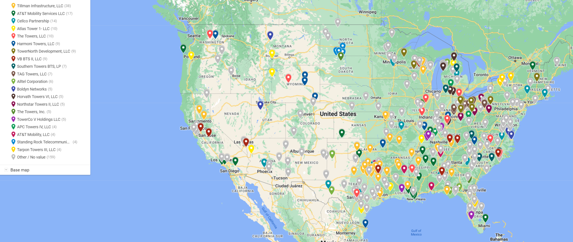 Map of proposed tower sites from January-February 2024