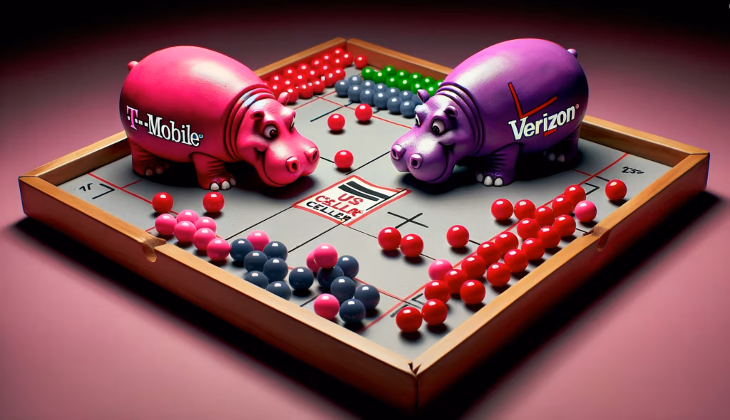Parody image of T-Mobile and Verizon acquiring US Cellular marbles.