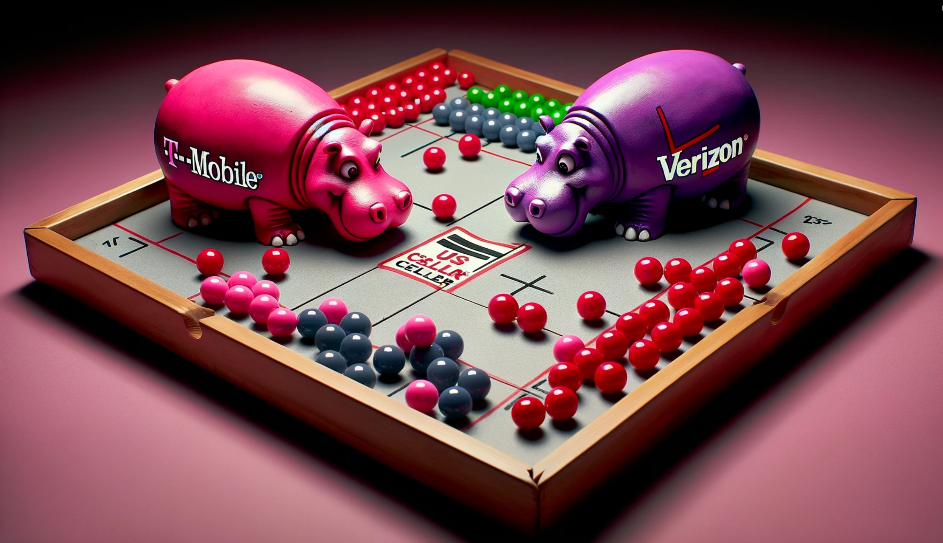 Parody image of T-Mobile and Verizon acquiring US Cellular marbles.