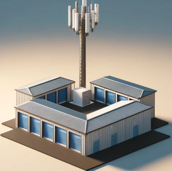 A depiction of a monopole cell tower located at the rear of a self-storage facility