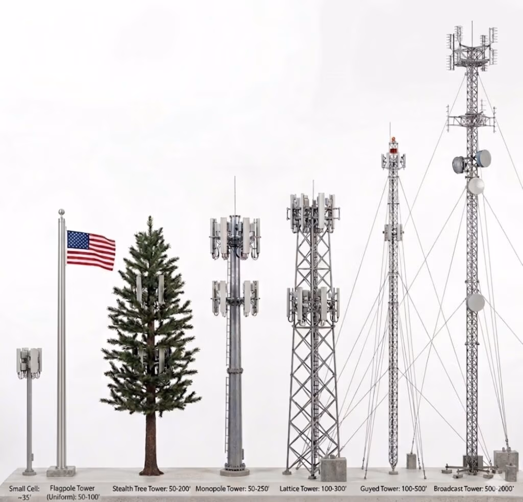 Different cell tower types including monopole, flagpole, tree, guyed tower