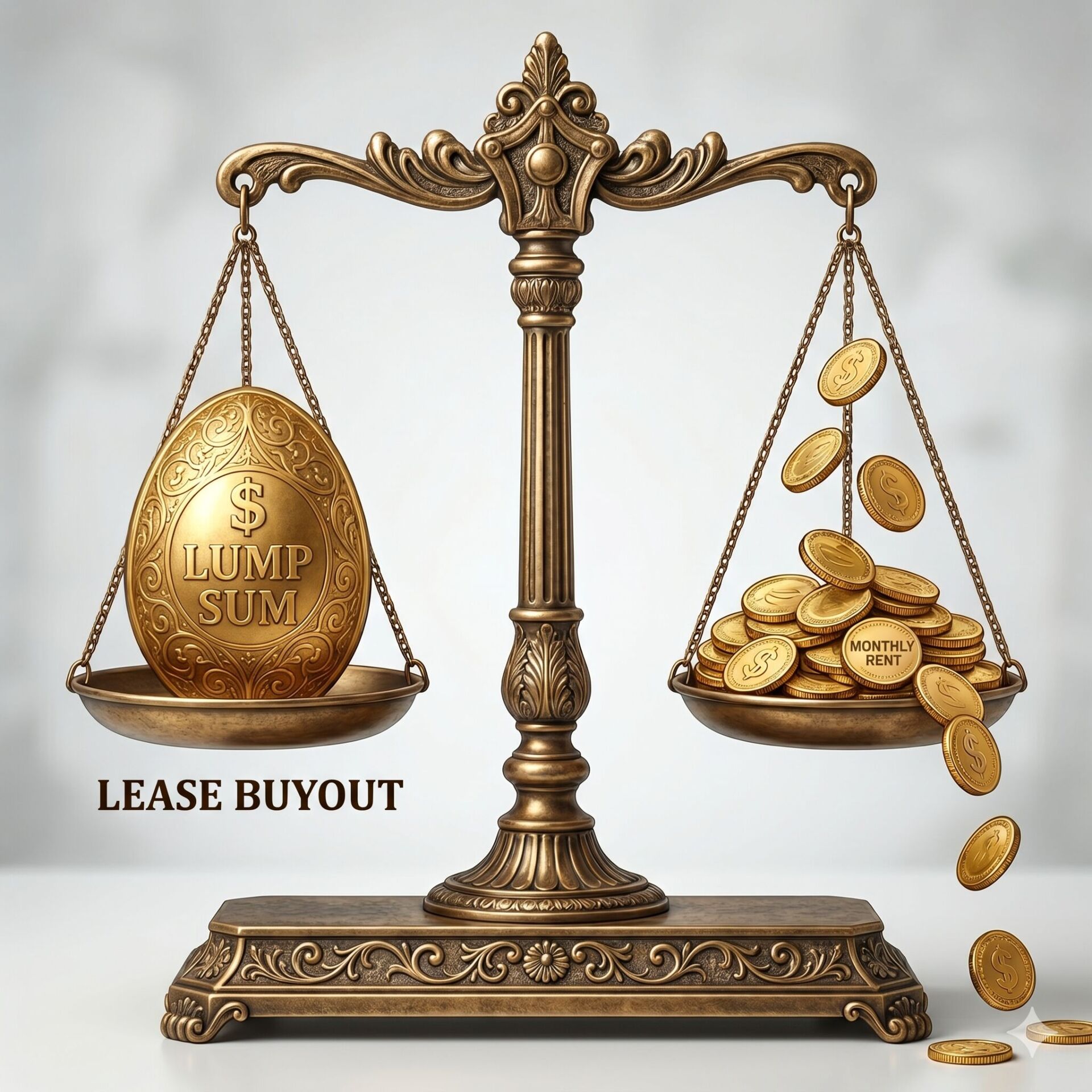 AI generated image of scale showing a lease buyout on one side and keeping rent on the other