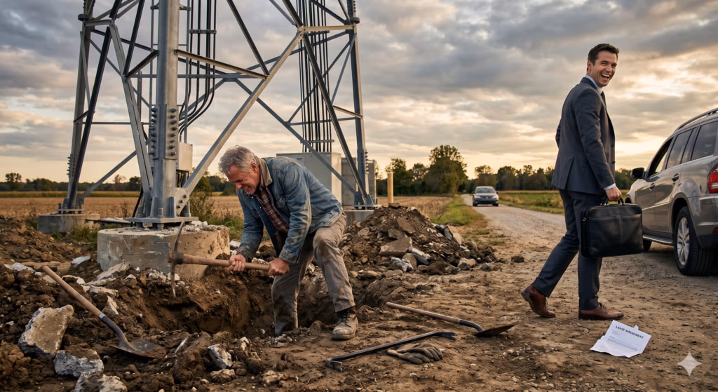 AI generated photo of tower landowner digging out cell tower while greedy tower company walks away laughing