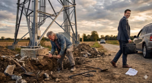AI generated photo of tower landowner digging out cell tower while greedy tower company walks away laughing